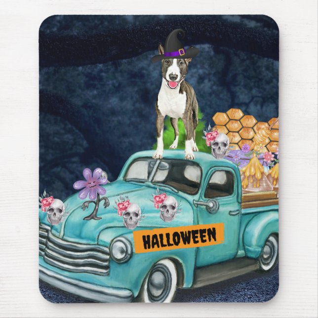 Bull Terrier Halloween LKW Beängstigende Nacht Mousepad (Vorne)