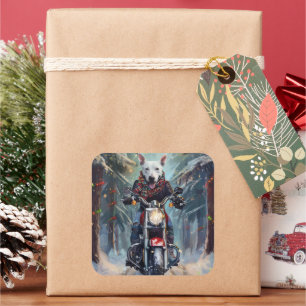 Bull Terrier Hund fährt Motorrad Weihnachten Quadratischer Aufkleber