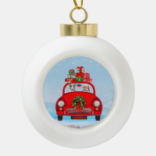 Bull Terrier Hund im Auto mit dem Weihnachtsmann Keramik Kugel-Ornament