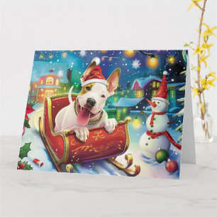 Bull Terrier Hund im Schlitten Schnee Weihnachten Karte
