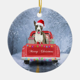 Bull Terrier Hund im Schnee sitzen in Weihnachten Keramik Ornament