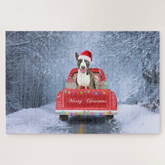 Bull Terrier Hund im Schnee sitzen in Weihnachten Puzzle (Horizontal)