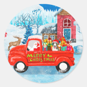 Bull Terrier Hund im Weihnachtslieferwagen Schnee Runder Aufkleber