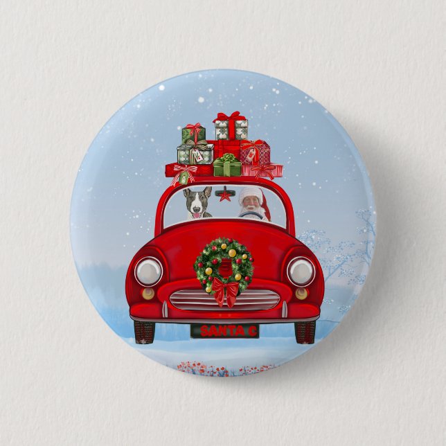 Bull Terrier Hund in Auto mit dem Weihnachtsmann Button (Vorderseite)