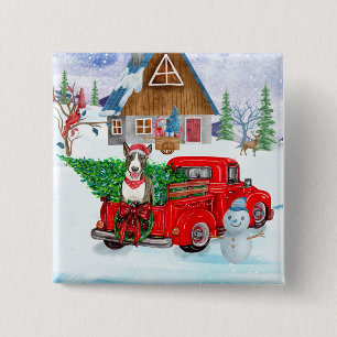Bull Terrier Hund in Christmas Delivery LKW Schnee Button