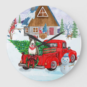 Bull Terrier Hund in Christmas Delivery LKW Schnee Große Wanduhr