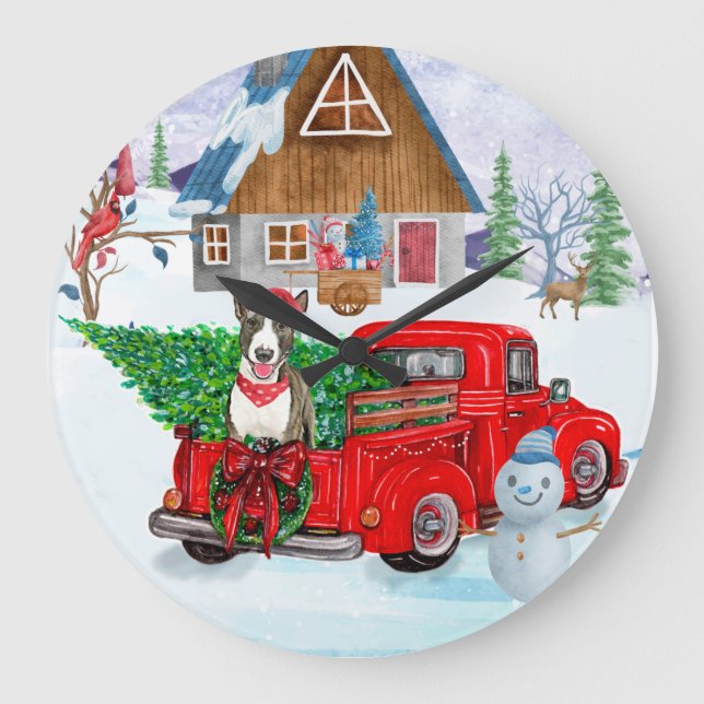 Bull Terrier Hund in Christmas Delivery LKW Schnee Große Wanduhr (Vorderseite)