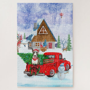 Bull Terrier Hund in Christmas Delivery LKW Schnee Puzzle