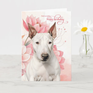 Bull Terrier Hund Rosa Botanische Blumen Geburtsta Karte