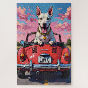 Bull Terrier Hund Valentinstag rotes Cabrio Puzzle