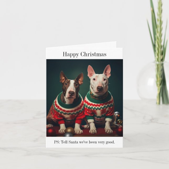 Bull Terrier Hunde in Christmas Sweaters Karte (Vorderseite)