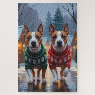 Bull Terrier Hunde Weihnachten Schnee Urlaub Puzzle
