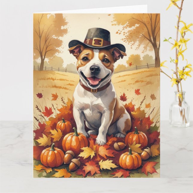 Bull Terrier im Herbst hinterlässt Erntedank Art Karte (Gelbe Blume)