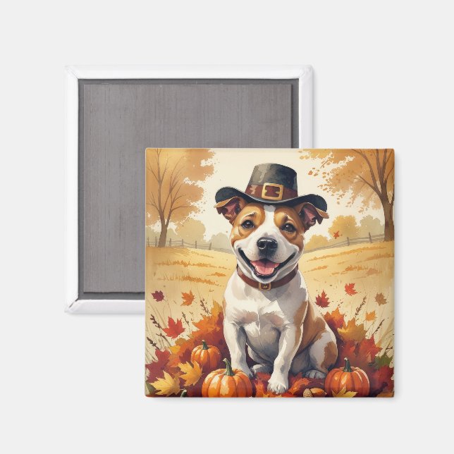 Bull Terrier im Herbst hinterlässt Erntedank Art Magnet (Vorderseite/Rückseite)