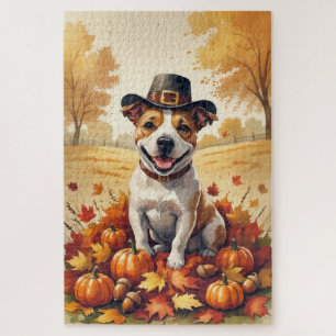 Bull Terrier im Herbst hinterlässt Erntedank Art Puzzle