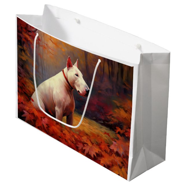 Bull Terrier im Herbst Leaves Fall Inspiriert Große Geschenktüte (Vorderseite Schrägansicht)