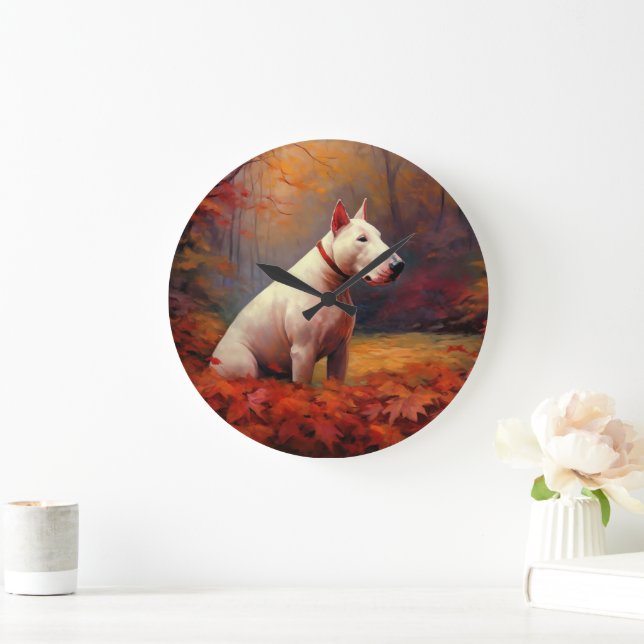 Bull Terrier im Herbst Leaves Fall Inspiriert Große Wanduhr (Zuhause)