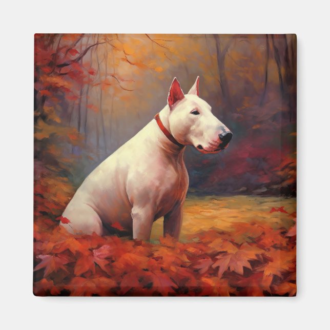 Bull Terrier im Herbst Leaves Fall Inspiriert Magnet (Vorne)