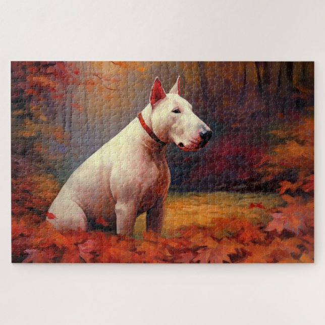 Bull Terrier im Herbst Leaves Fall Inspiriert Puzzle (Horizontal)
