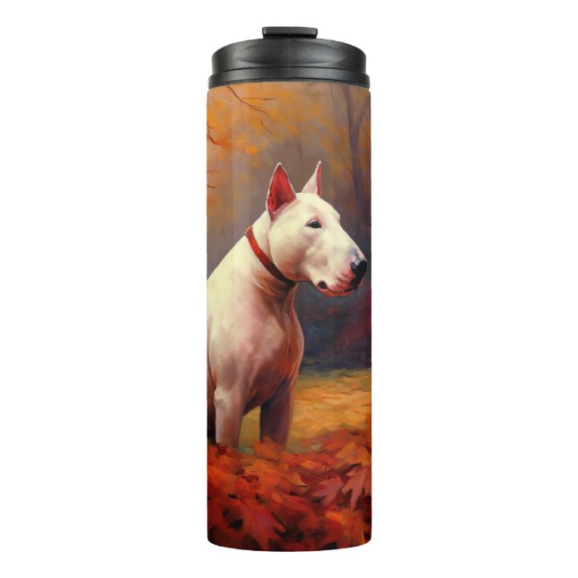 Bull Terrier im Herbst Leaves Fall Inspiriert Thermosbecher (Vorderseite)