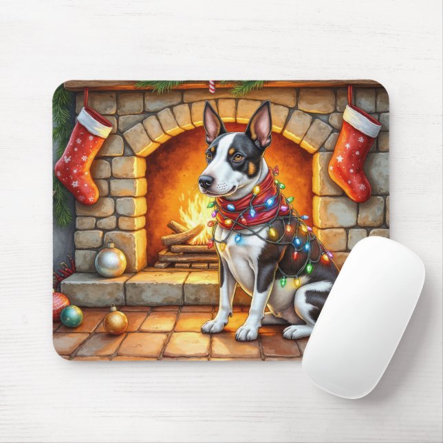 Bull Terrier Kamin mit Weihnachtslichtern Mousepad (Mit Mouse)