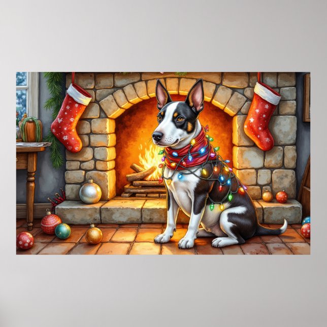 Bull Terrier Kamin mit Weihnachtslichtern Poster (Vorne)