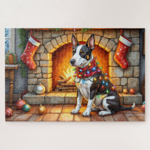 Bull Terrier Kamin mit Weihnachtslichtern Puzzle