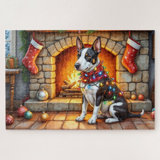 Bull Terrier Kamin mit Weihnachtslichtern Puzzle (Horizontal)