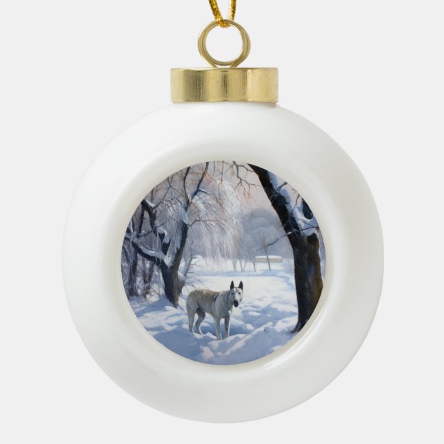 Bull Terrier Lass es Weihnachten schnee Keramik Kugel-Ornament (Vorderseite)