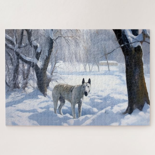 Bull Terrier Lass es Weihnachten schnee Puzzle (Horizontal)