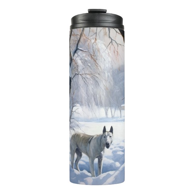 Bull Terrier Lass es Weihnachten schnee Thermosbecher (Vorderseite)