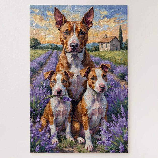 Bull Terrier Lavendel-Feld-Kunst Puzzle (Vertikal)