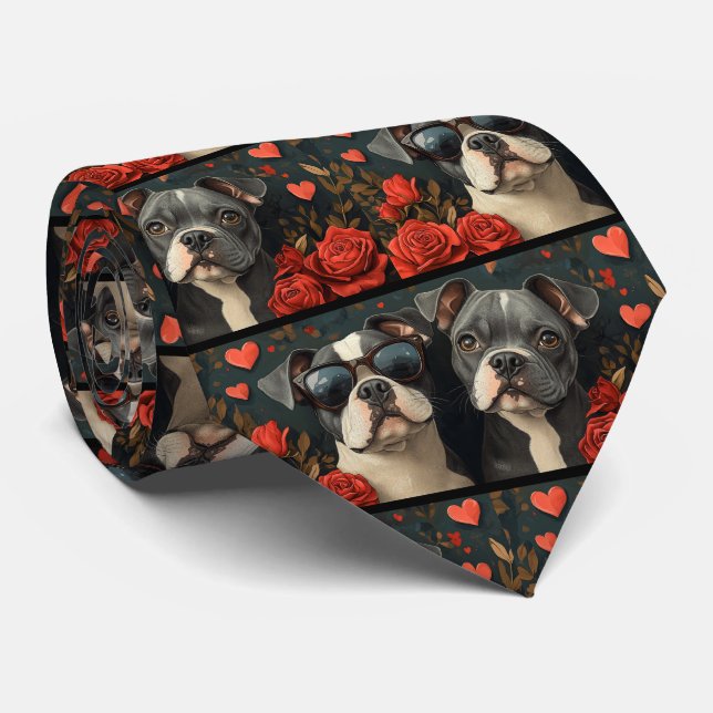 Bull Terrier mit Herz-Rose Valentinstag Krawatte (Gerollt)