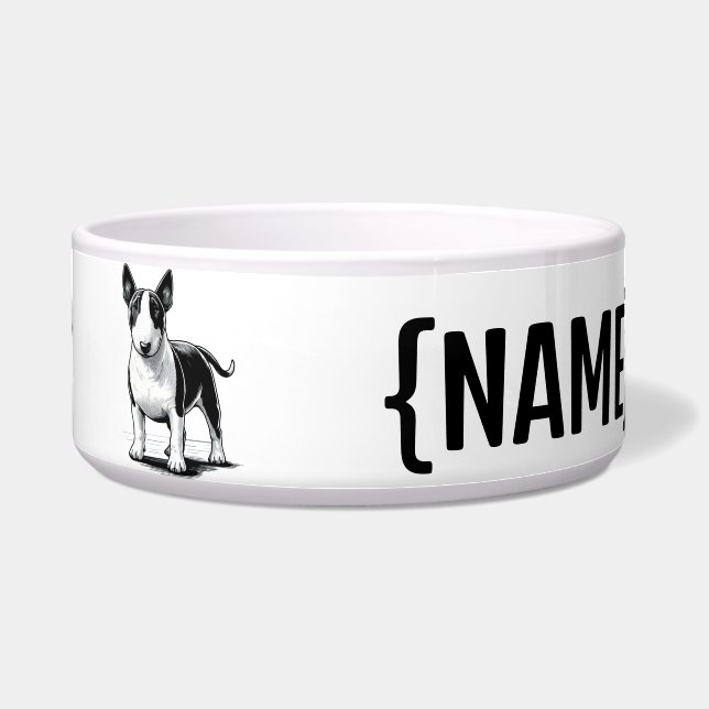 Bull Terrier mit NAME Bowls Napf (Vorderseite)