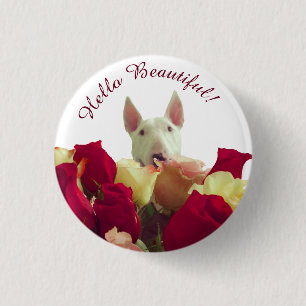 Bull Terrier mit Rose Gruß - Hallo schön Button