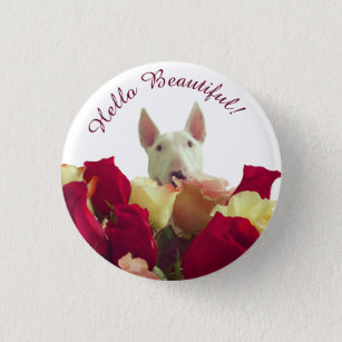 Bull Terrier mit Rose Gruß - Hallo schön Button