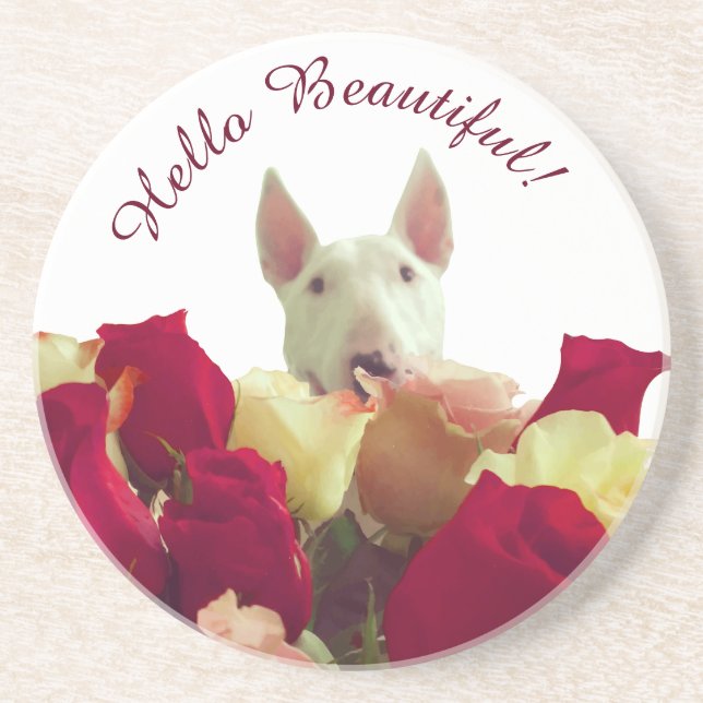 Bull Terrier mit Rose Gruß - Hallo schön Getränkeuntersetzer (Vorne)