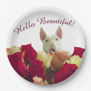 Bull Terrier mit Rose Gruß - Hallo schön Pappteller
