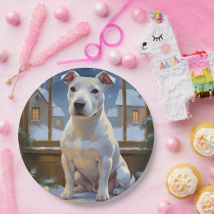 Bull Terrier mit Weihnachtsbeleuchtung Urlaub Pappteller