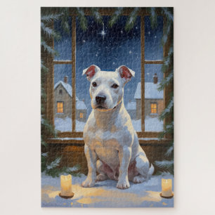 Bull Terrier mit Weihnachtsbeleuchtung Urlaub Puzzle