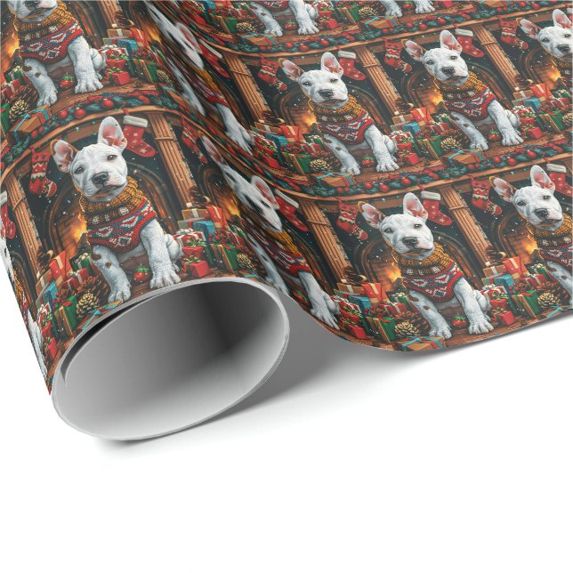 Bull Terrier mit Weihnachtsgeschenken Feuerplatz Geschenkpapier (Rolleneckpunkt)