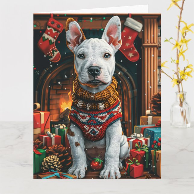 Bull Terrier mit Weihnachtsgeschenken Feuerplatz Karte (Gelbe Blume)