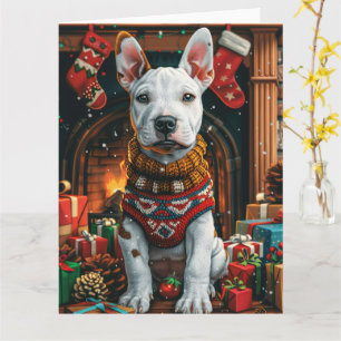 Bull Terrier mit Weihnachtsgeschenken Feuerplatz Karte