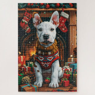 Bull Terrier mit Weihnachtsgeschenken Feuerplatz Puzzle