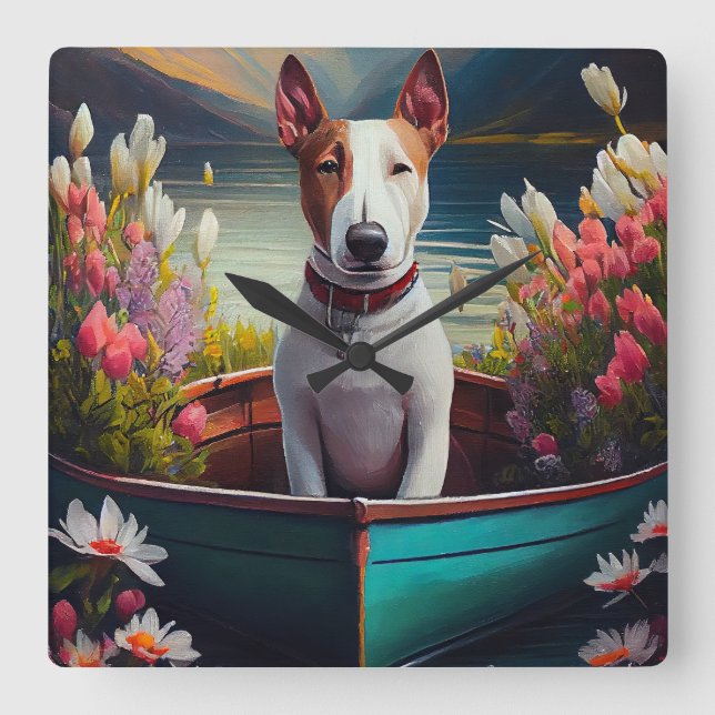 Bull Terrier on a Paddle: Ein Landschaftliches Abe Quadratische Wanduhr (Vorderseite)