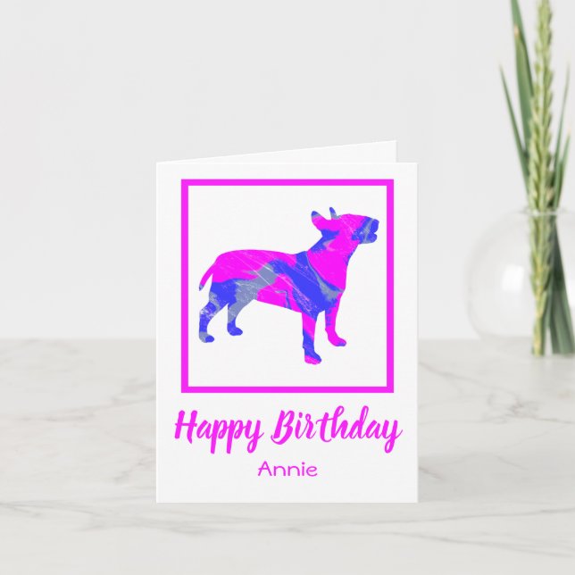 Bull Terrier Pink Dog Silhouette Funny Birthday Karte (Vorderseite)