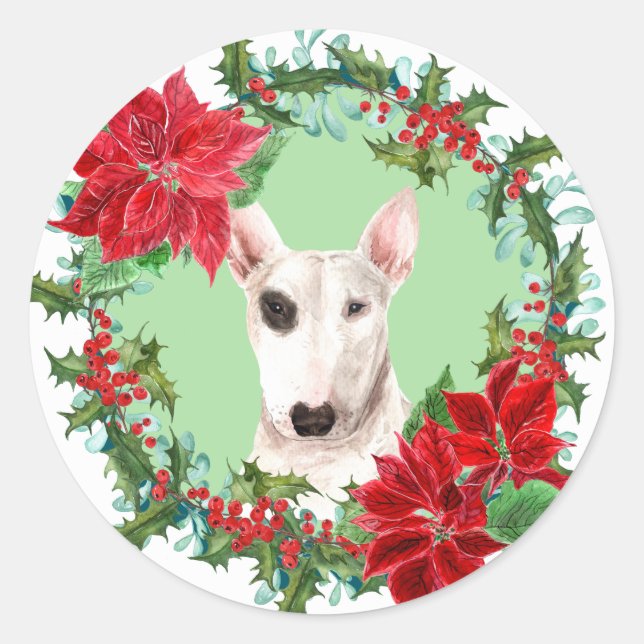 Bull Terrier Poinsettia Holly Weihnachtsschreath Runder Aufkleber (Vorderseite)