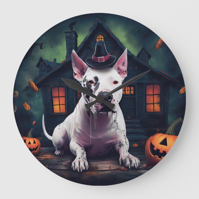 Bull Terrier Pumpkins Halloween Beängstigend Große Wanduhr (Vorderseite)