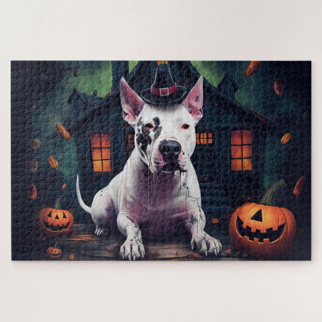 Bull Terrier Pumpkins Halloween Beängstigend Puzzle (Horizontal)