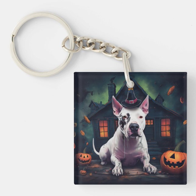 Bull Terrier Pumpkins Halloween Beängstigend Schlüsselanhänger (Vorderseite)
